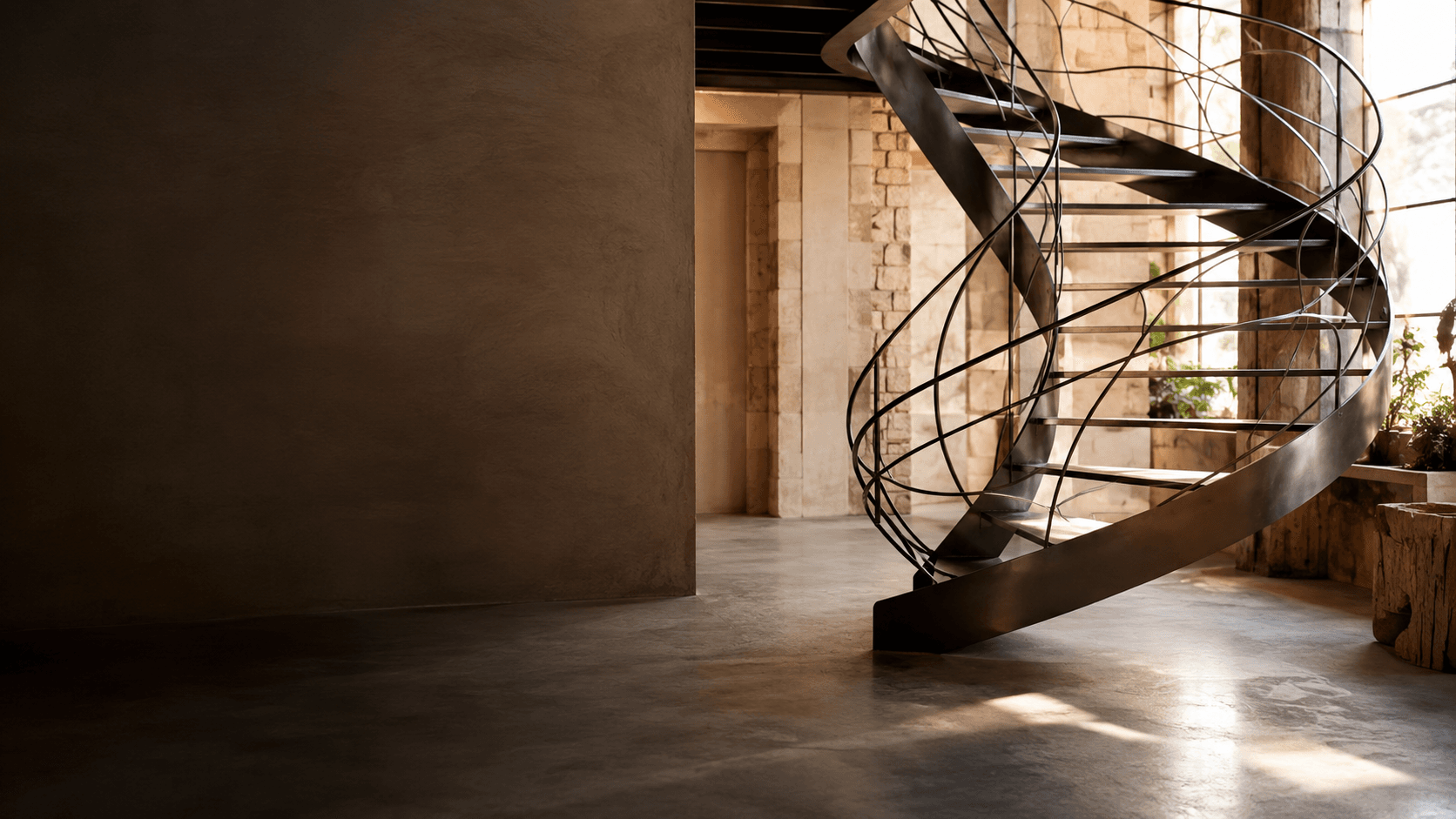 Escalier hélicoïdal en acier brut au garde-corps métallique fin, dans un intérieur en pierre